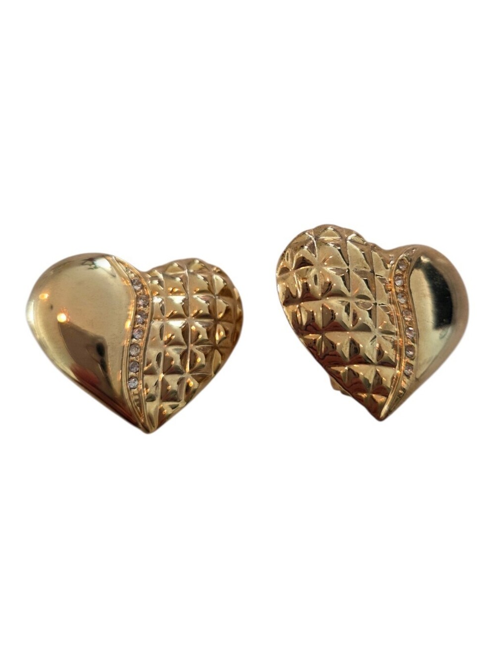 Vintage Gold Tone Quilted Puffy Heart Clip On Earrings Rhinestone Accent